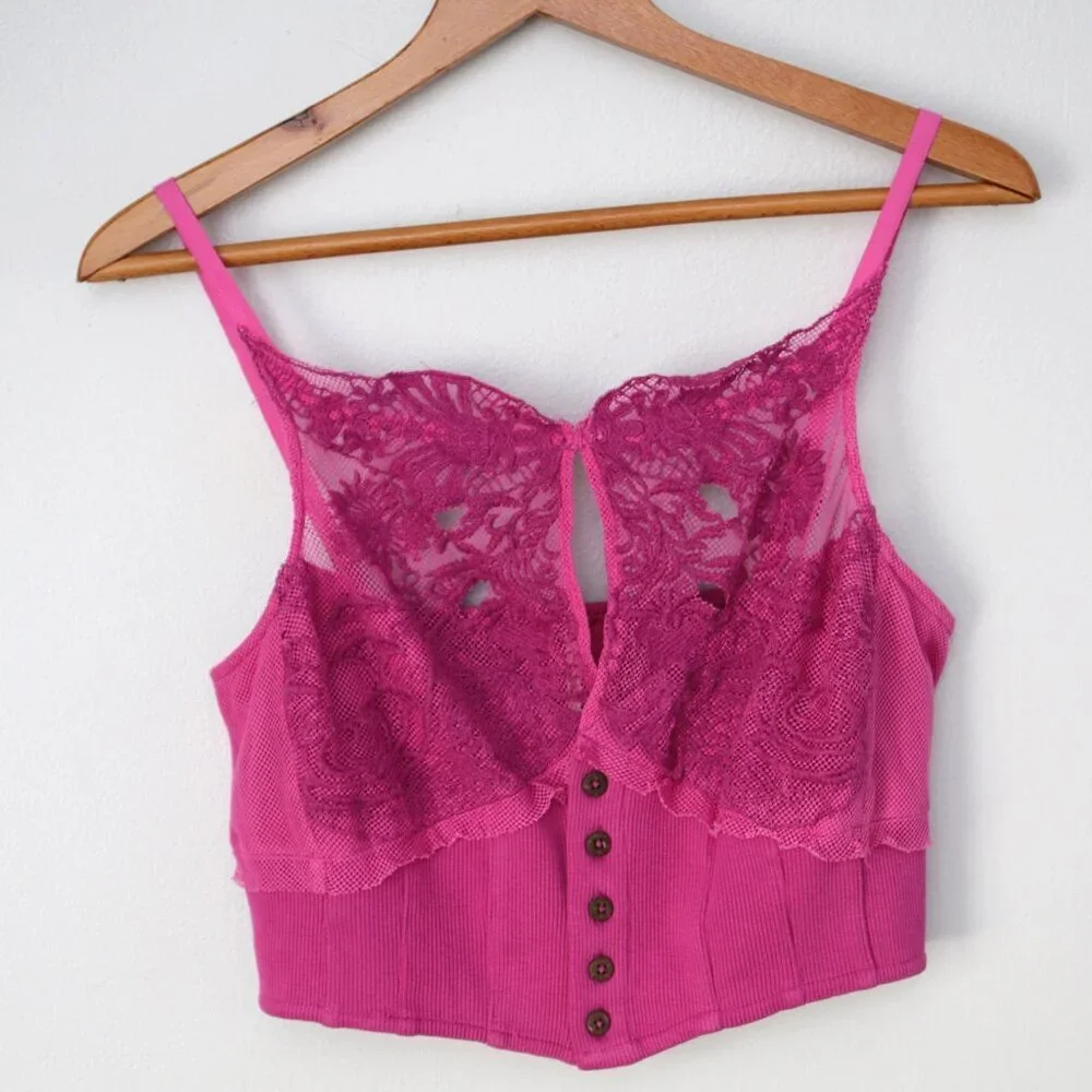 Free People Have My Heart Lace Tank Cotton Crop Top Pink Purple Buttons Summer - Picture 3 of 10